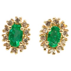 14 Carat Oval Green Natural Emerald and Diamond Vintage Cluster Stud Earrings