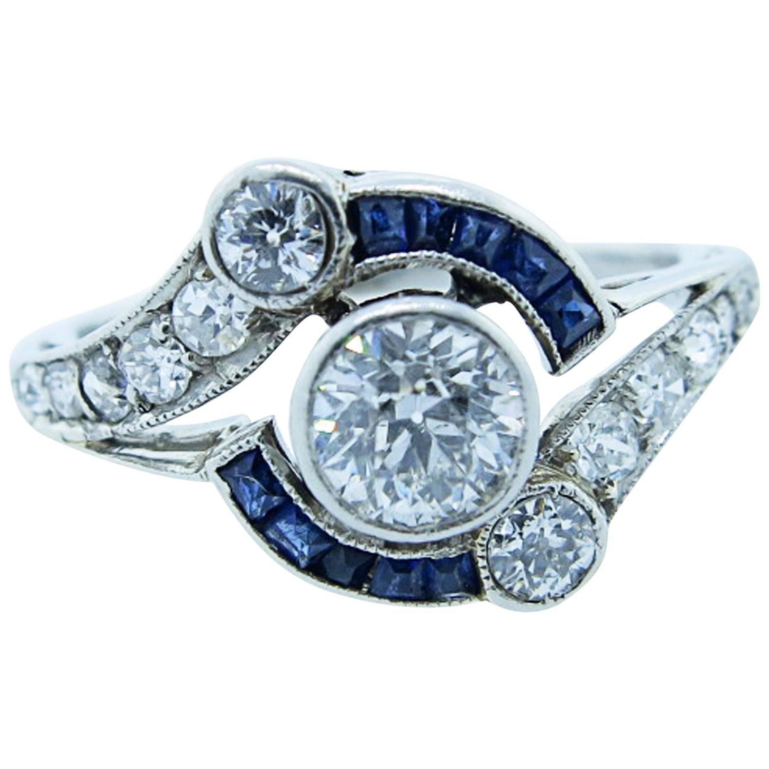 Stellar Art Deco Sapphire Diamond Platinum Ring At 1stdibs