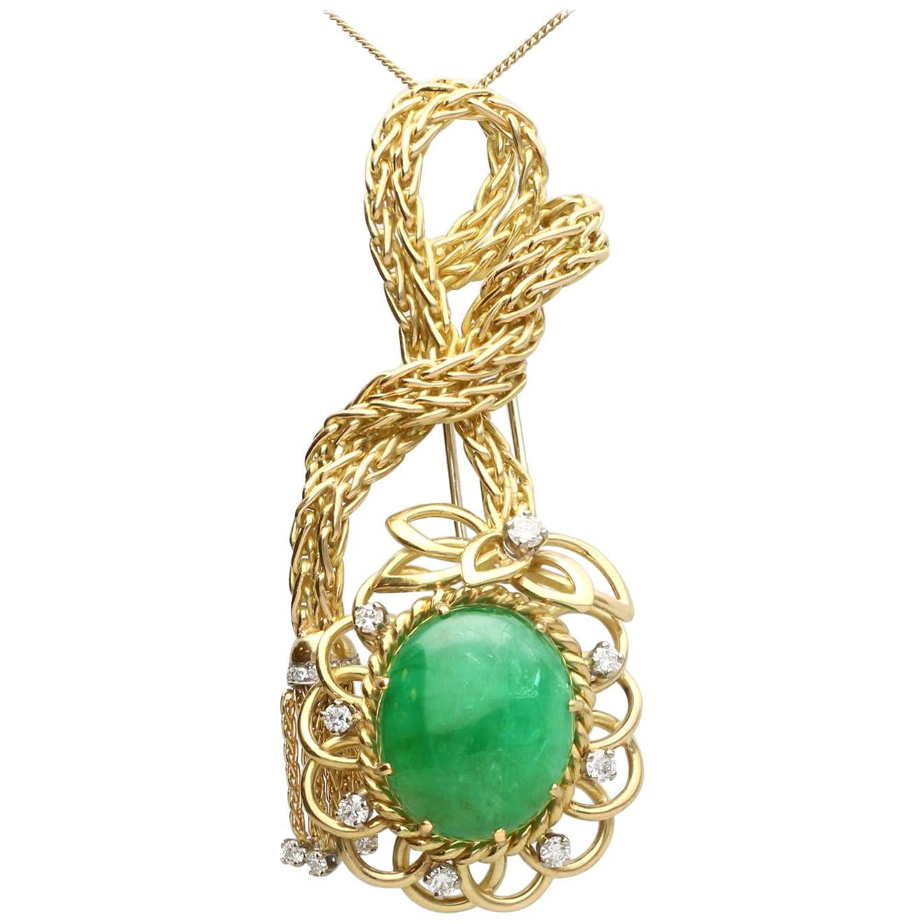 26.16 Carat Emerald and Diamond Yellow Gold Brooch Pendant