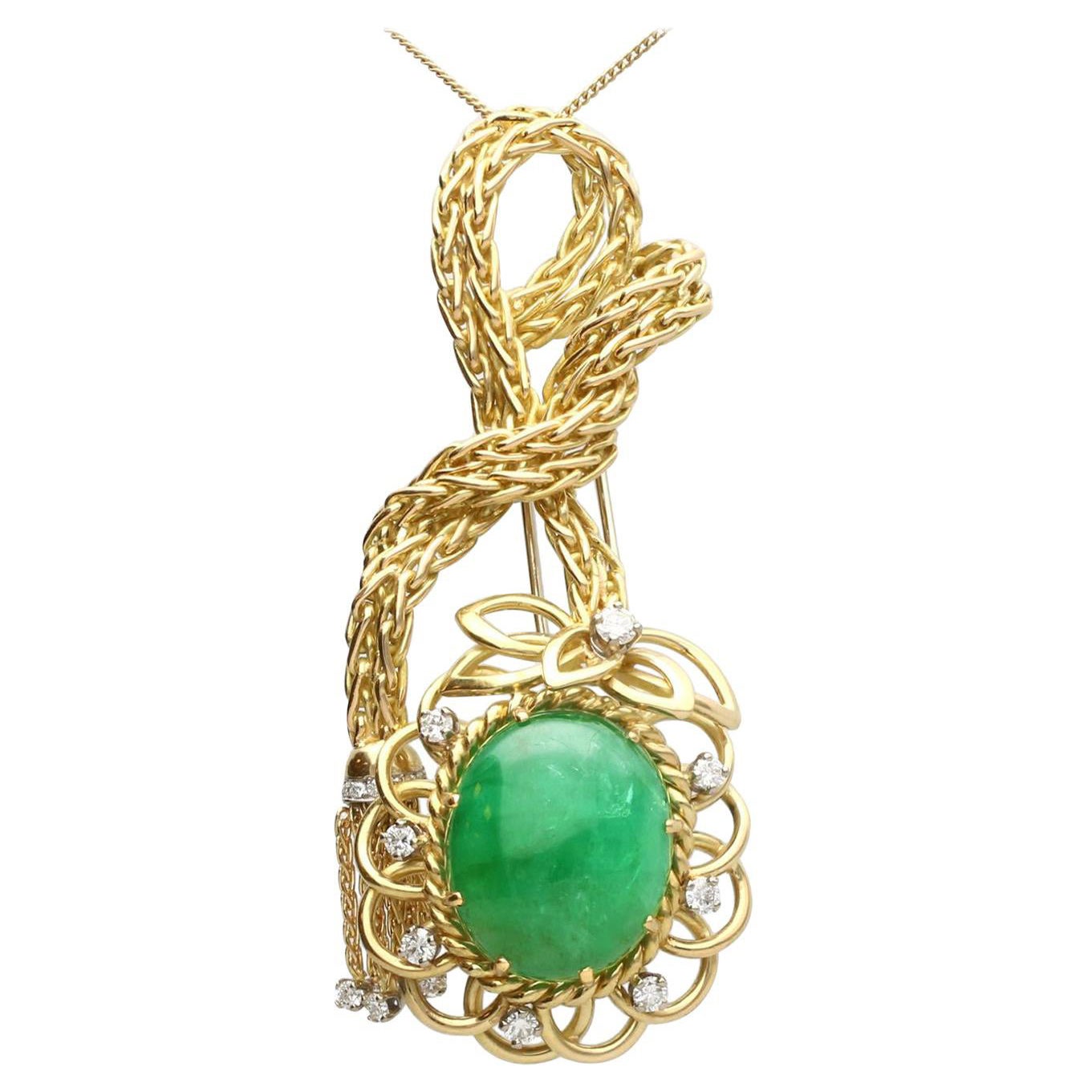 26.16 Carat Emerald and Diamond Yellow Gold Brooch Pendant For Sale