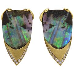 Impressive 1970s Boulder Opal Diamond Gold Earrings 1