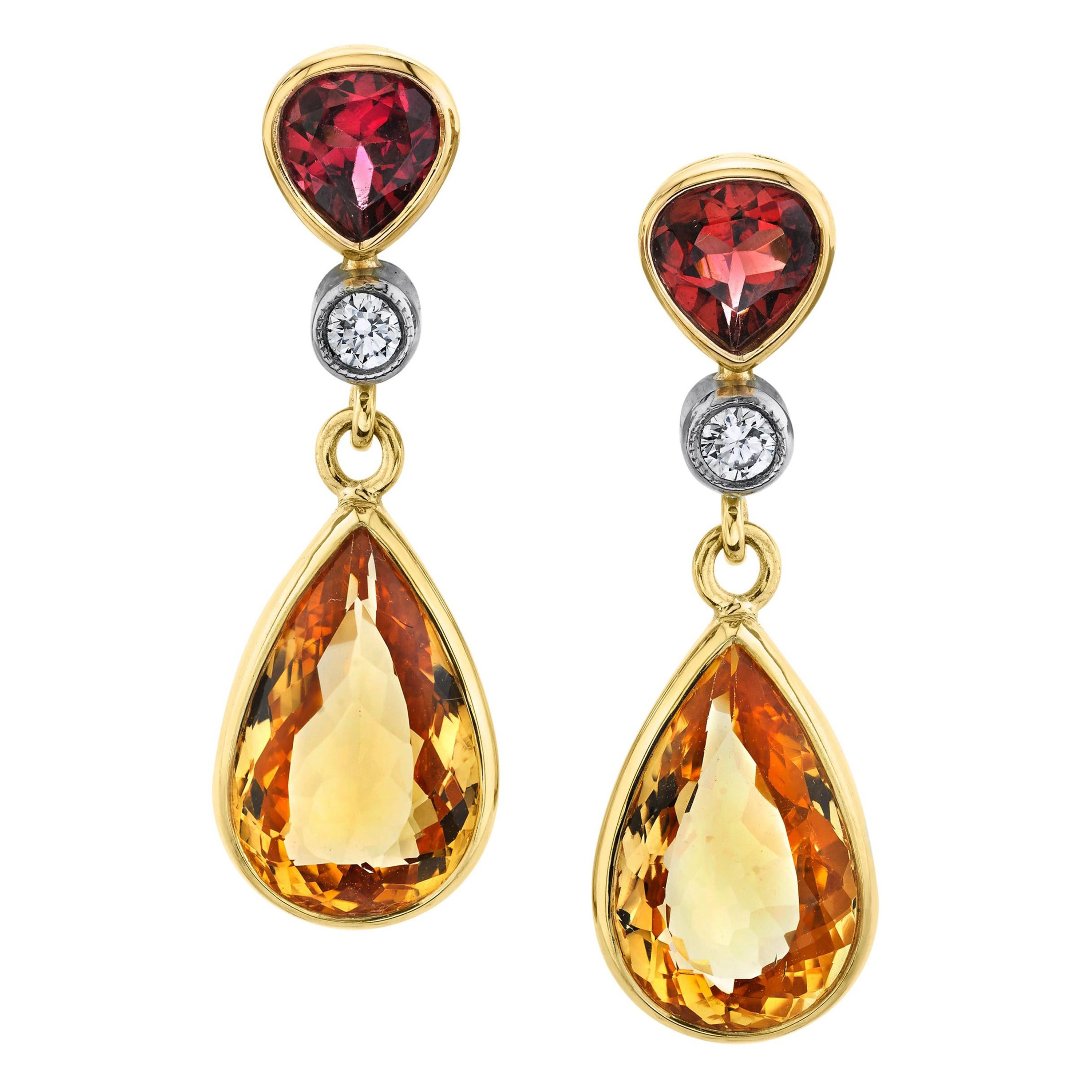Precious Topaz and Garnet Drop Earrings 18K Yellow Gold, 9.74 Carats Total  For Sale
