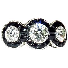 Retro Classic art Deco Style Calibrated Onyx Diamond Platinum Three Stone Ring
