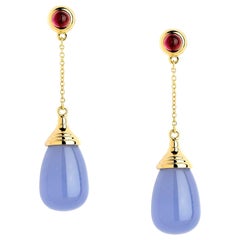 Syna Yellow Gold Blue Chalcedony and Rubellite Mogul Drop Chain Earrings