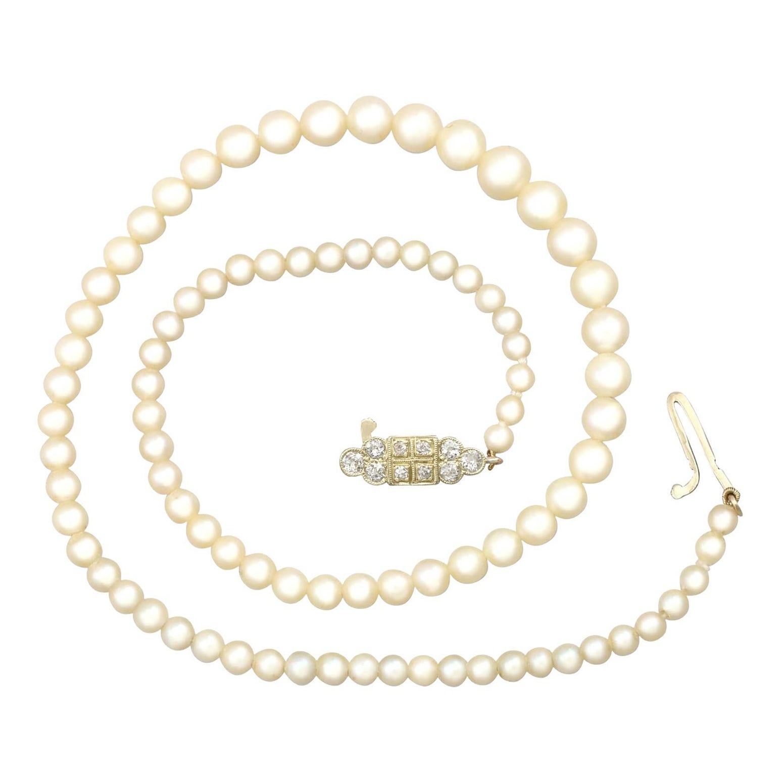 Single Strand Pearl Necklace Diamond Gold Clasp For Sale