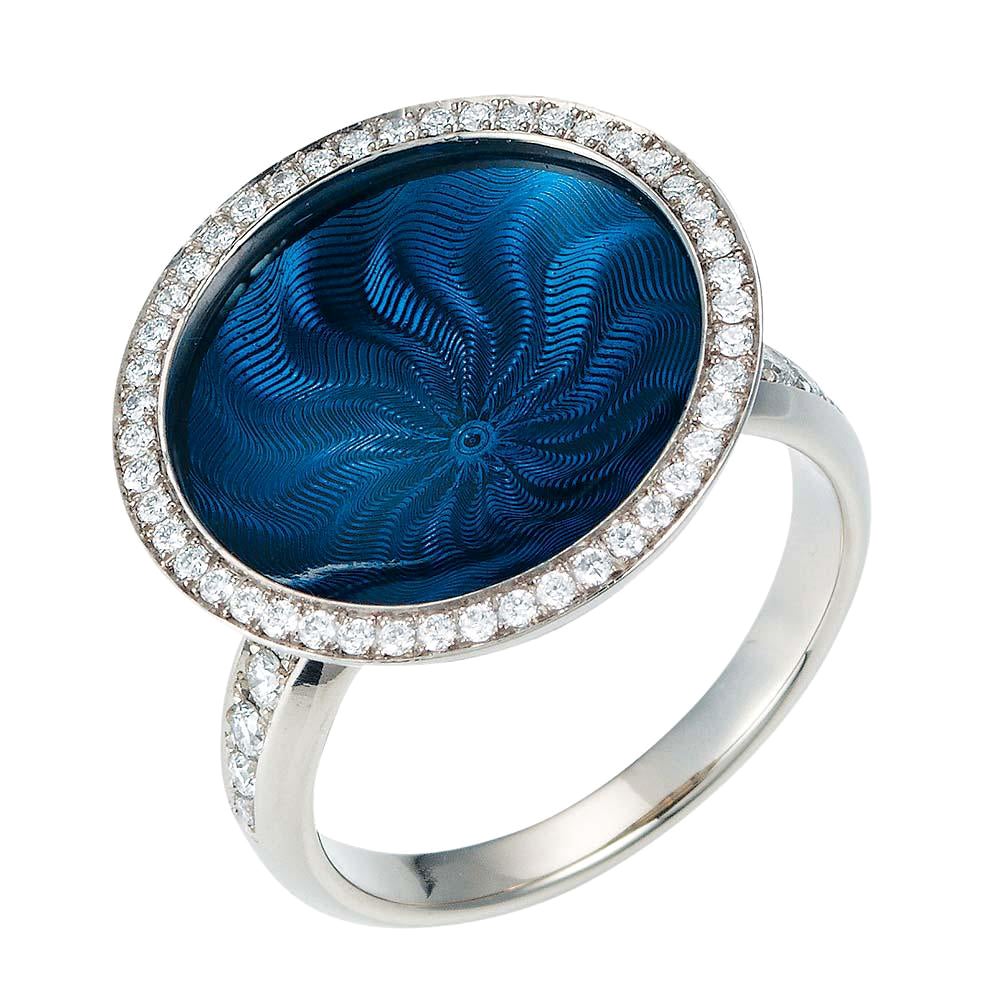 Round Electric Blue Guilloche Enamel Ring in White Gold with Diamonds For Sale
