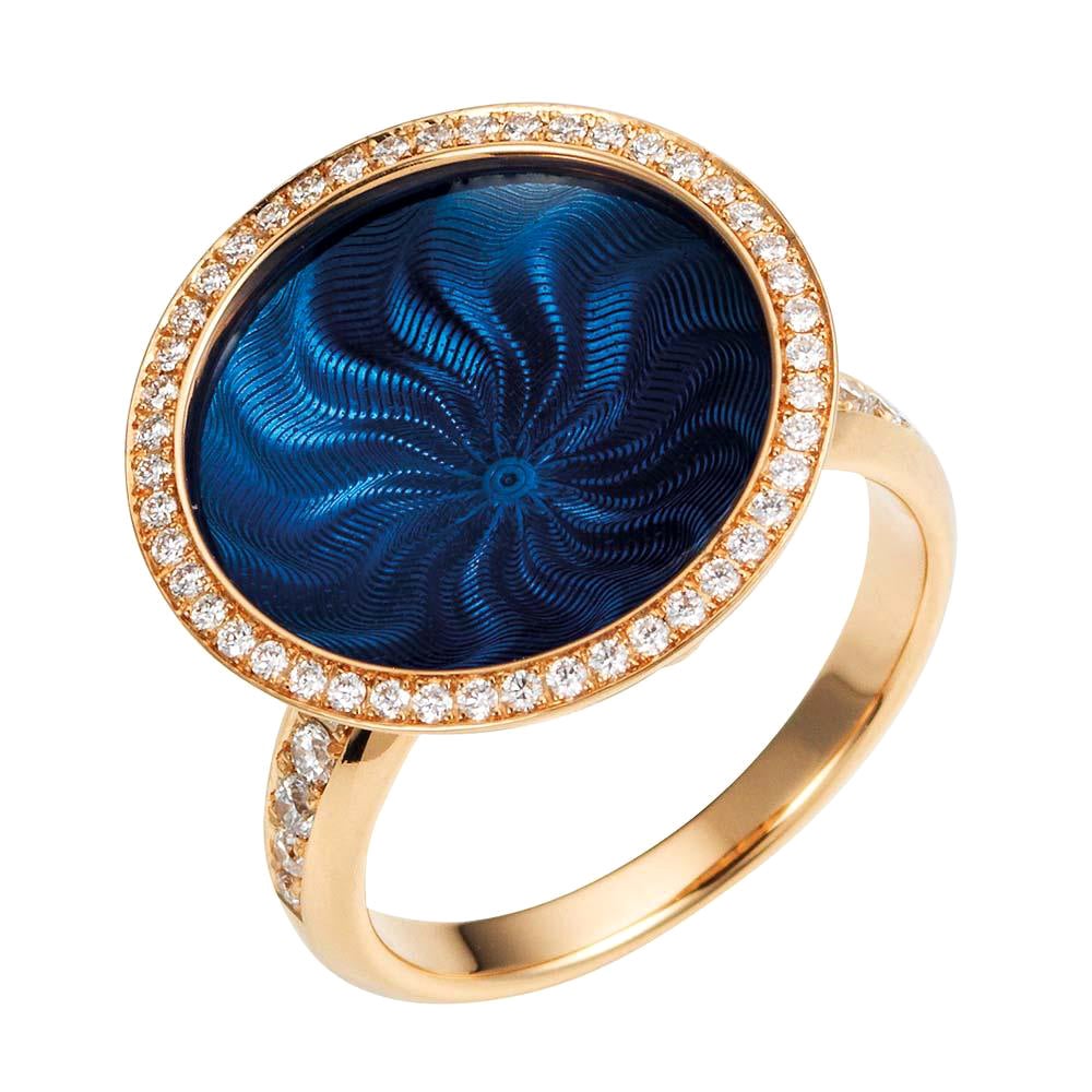 Round Medium Blue Guilloche Enamel Ring in 18k Yellow Gold with 57 Diamonds For Sale