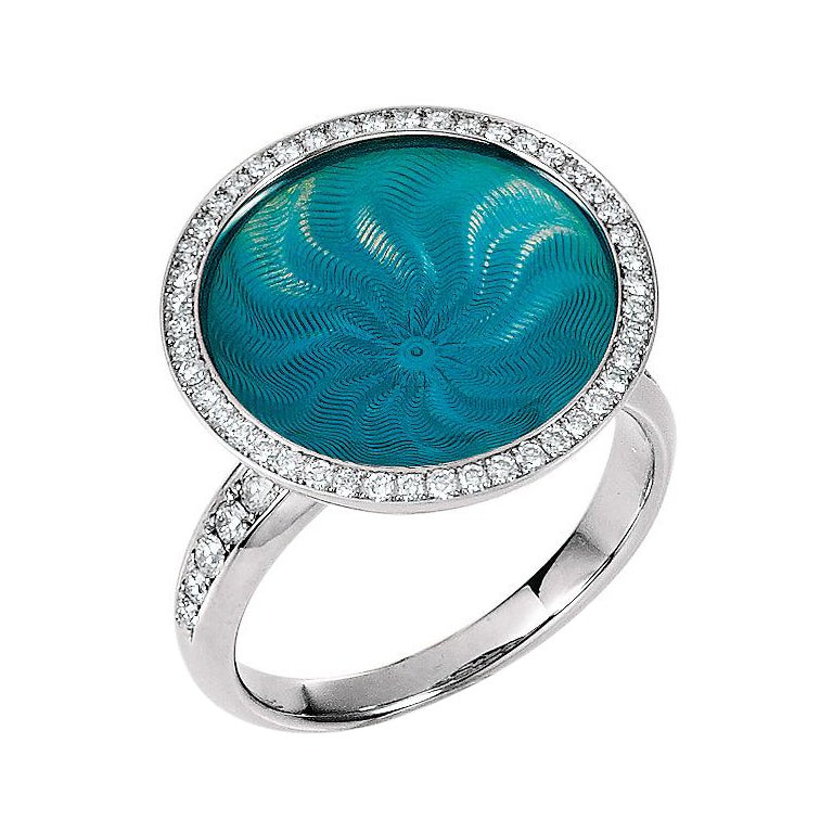 Round Opalescent Turquoise Enamel Ring in White Gold with 57 Diamonds For Sale