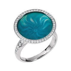Round Opalescent Turquoise Enamel Ring in White Gold with 57 Diamonds