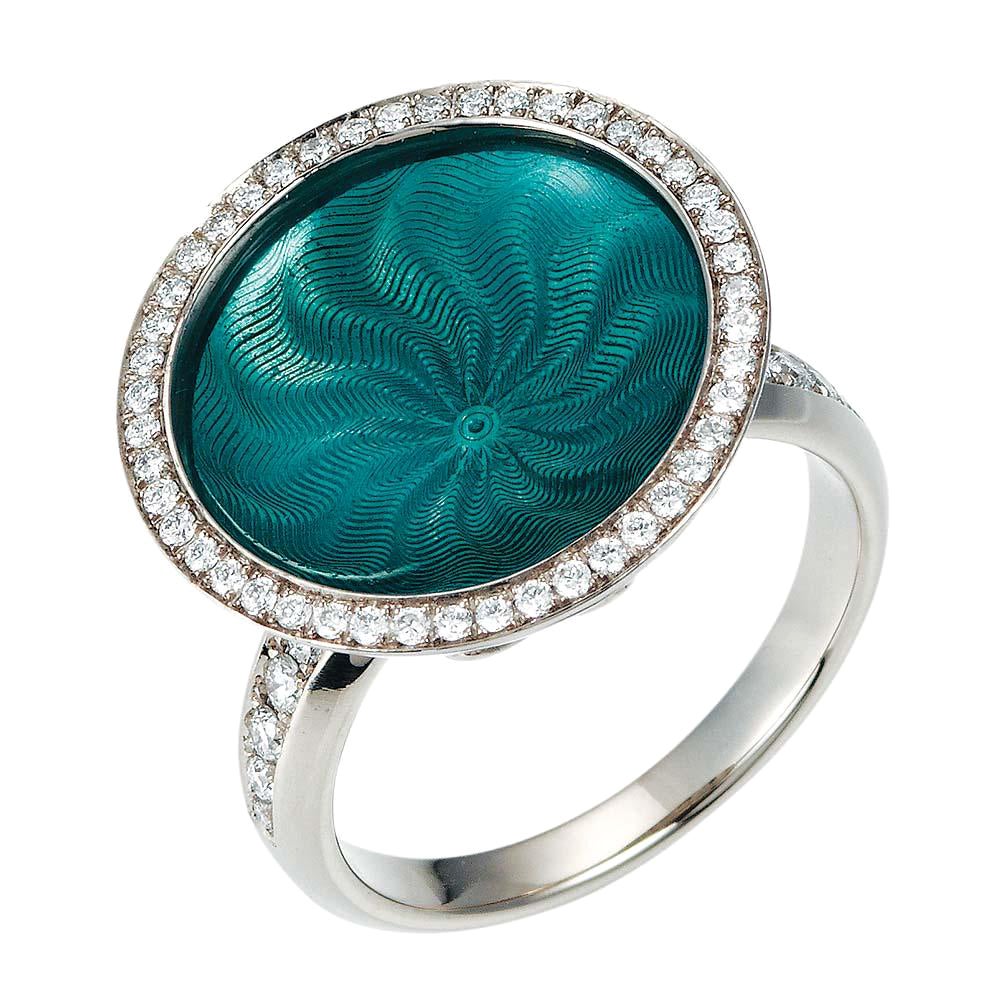 Round Turquoise Guilloche Enamel Ring in White Gold with Diamonds For Sale