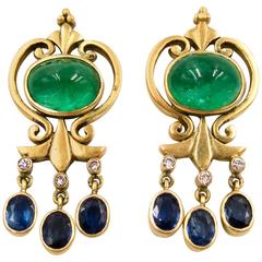 Beautiful Cabochon Emerald Diamond and Sapphire Earrings