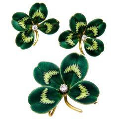Vintage Charming Green Enamel and Diamond Four Leaf Clover Suite