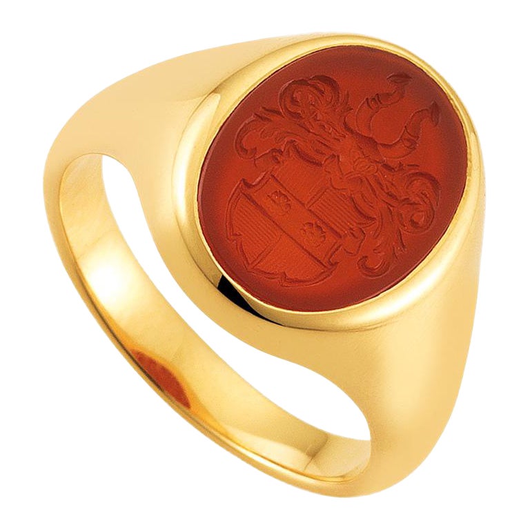Oval Signet Ring, 18k Rose Gold, Carnelian 14.5 x 11.0mm with Heraldic Engraving For Sale