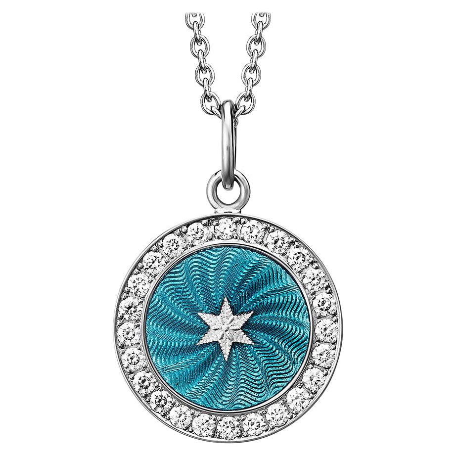 Round Disc Pendant with Star 18k White Gold Turquoise Enamel 24 Diamonds 0.36 ct For Sale