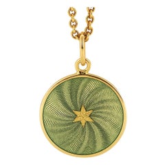 Round Disk Pendant 18k Yellow Gold Green Guilloche Enamel & 6-Rayed Star