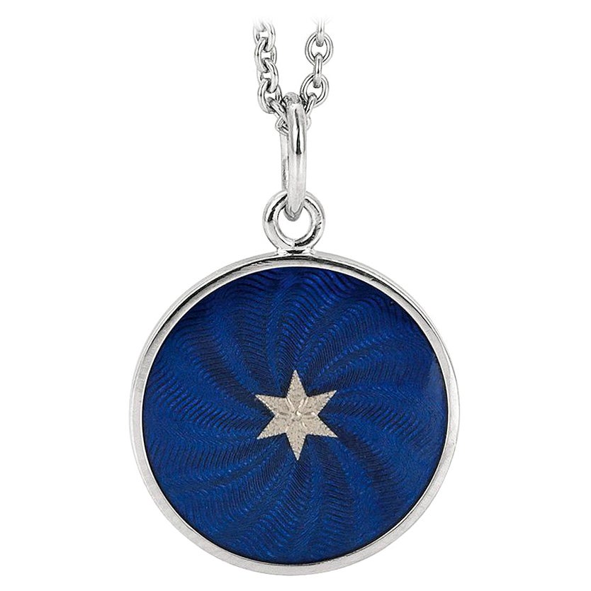 Round Disk Pendant 18k White Gold Blue Vitreous Enamel Guilloche Paillons