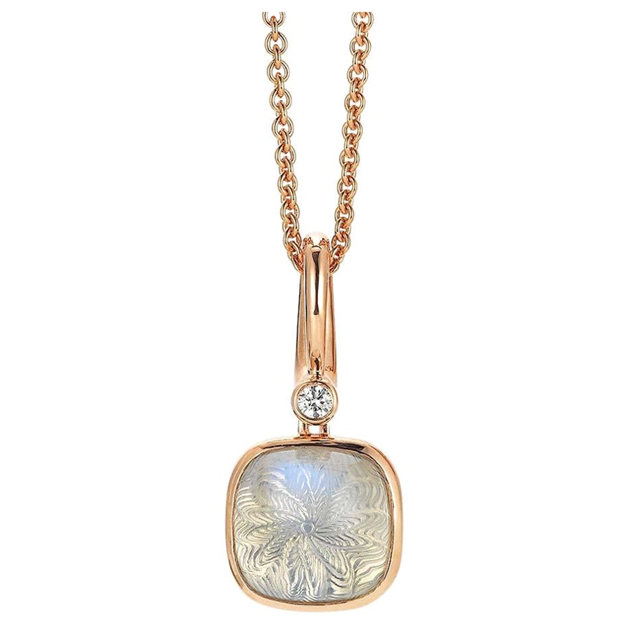 Cushion Shaped White Moon Guilloche Stone Pendant 18k Rose Gold 1 Diam. 0.04 ct For Sale