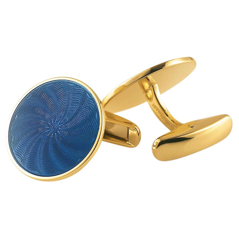 Boutons de manchette ronds en or jaune 18 carats et émail guilloché bleu de yale