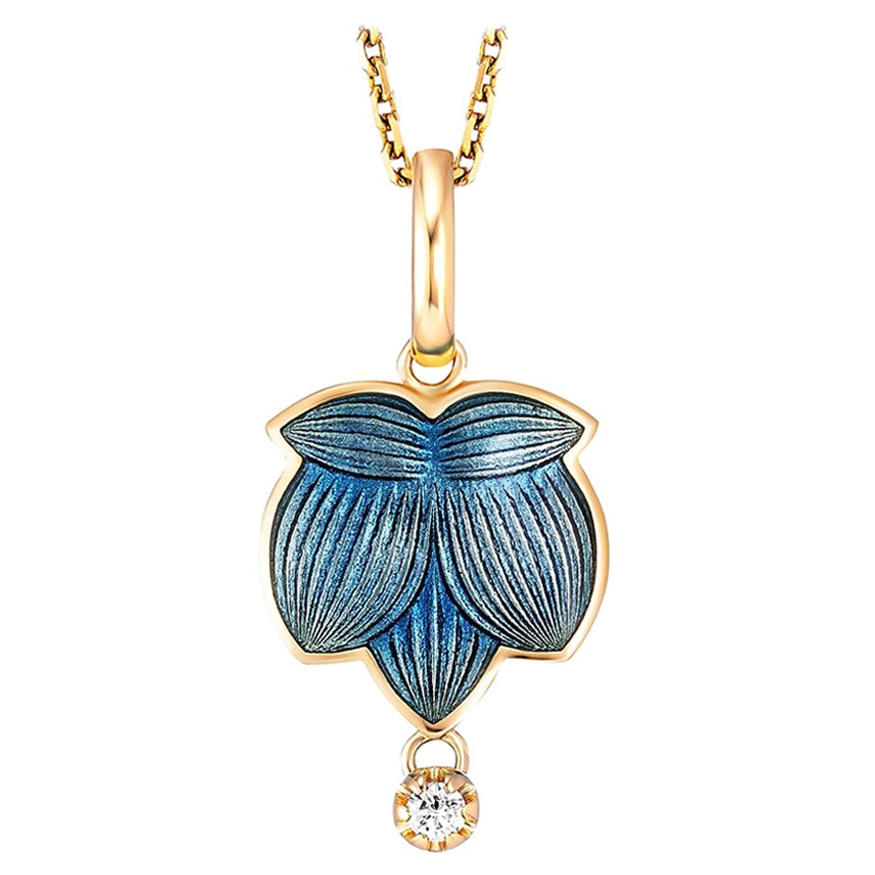 Leave Shaped Pendant 18k Yellow Gold Middle Blue Enamel 1 Diamond 0.05 ct G VS For Sale