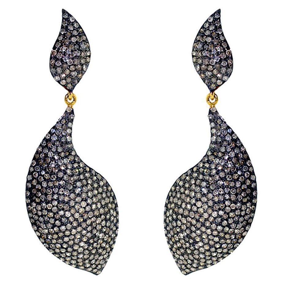 Flame Shaped Dangle Earrings with Pave Diamonds Made in 14k Gold and Silver For Sale