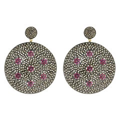 Ruby & Diamond Round Shaped Dangle Earrings Made in 14k Gold & Silver