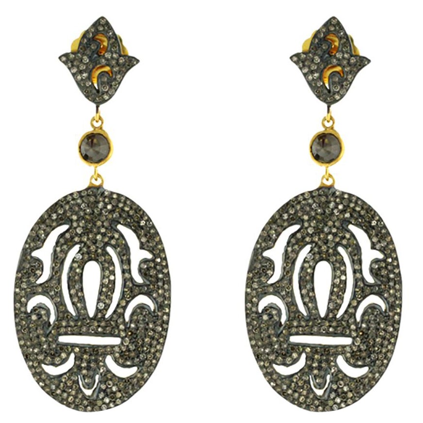 Oval Shaped Earrings with Pave Black Diamonds Made in 18k Gold & Silver For Sale