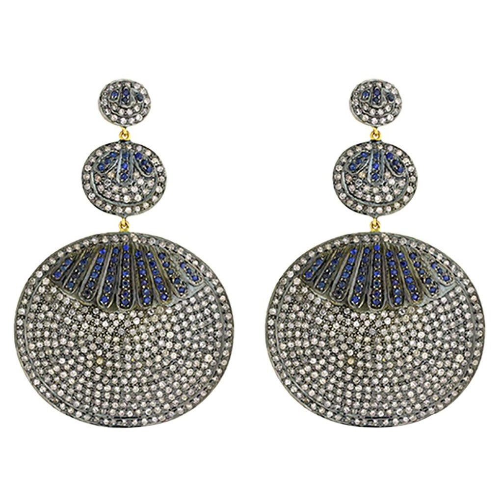 Triple Tier Pave Diamonds Earrings with Sapphires Made in 14k Gold & Silver For Sale