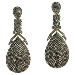 Pear Shaped Black Pave Diamonds Earrings Made in 14k Yellow Gold & Silver