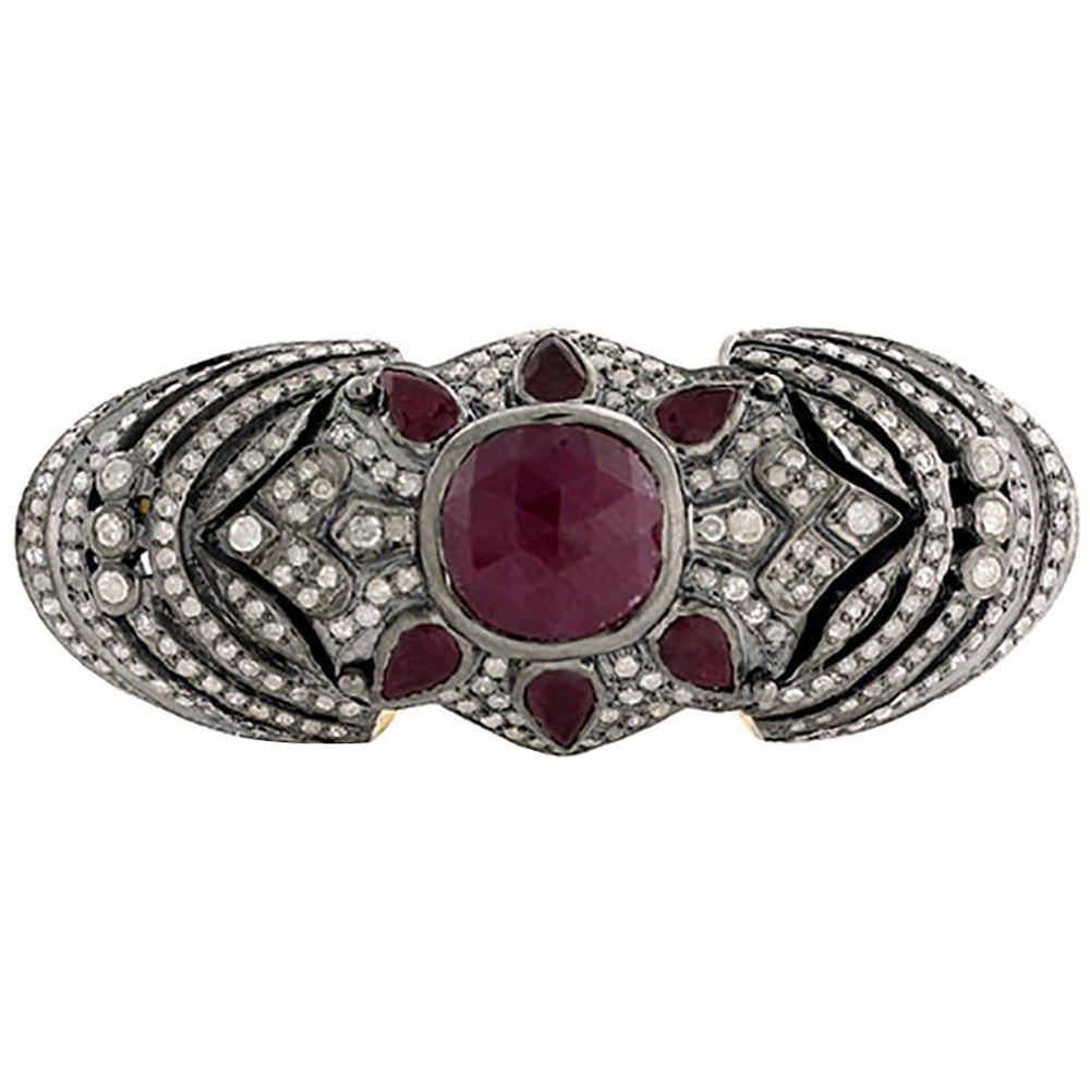 Knuckle Ring with Ruby in Center & Pave Diamonds Made in 18K Gold & Silver For Sale