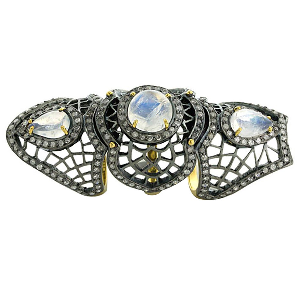 Knuckle Ring with Moonstones Surrounded by Pave Diamonds Made in Gold & Silver For Sale