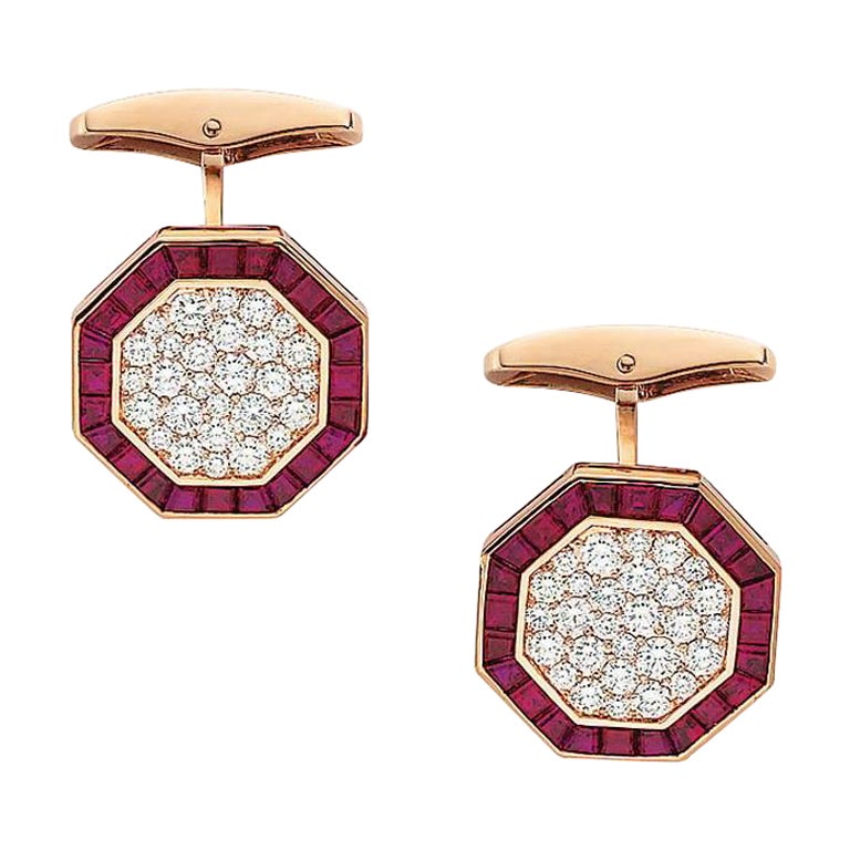 Art Deco Style Cufflinks in Rose Gold with Diamonds and Ruby For Sale