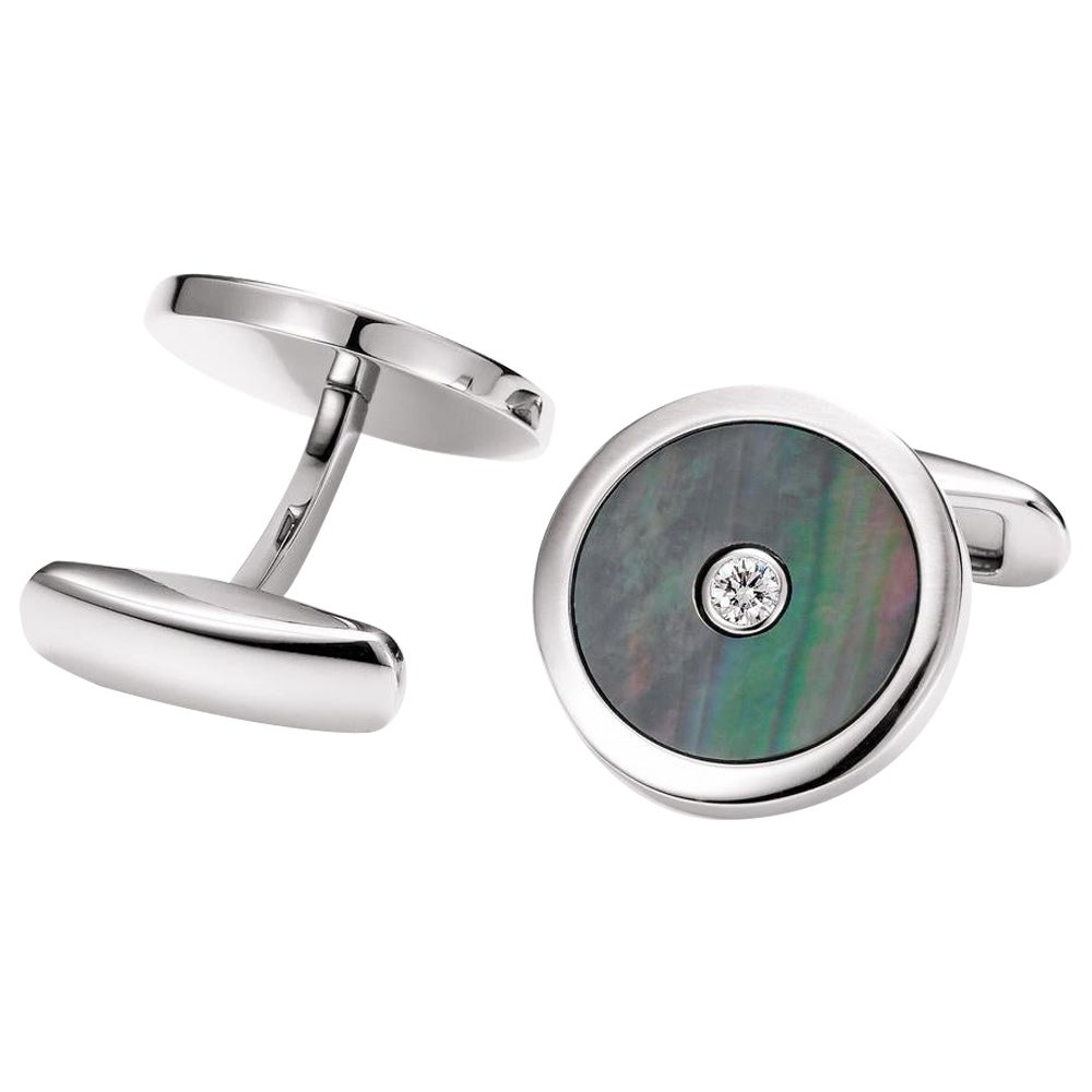 Round Cufflinks Stainless Steel - Black Mother of Pearl Inlay, 2 Diamonds 0.2ct For Sale