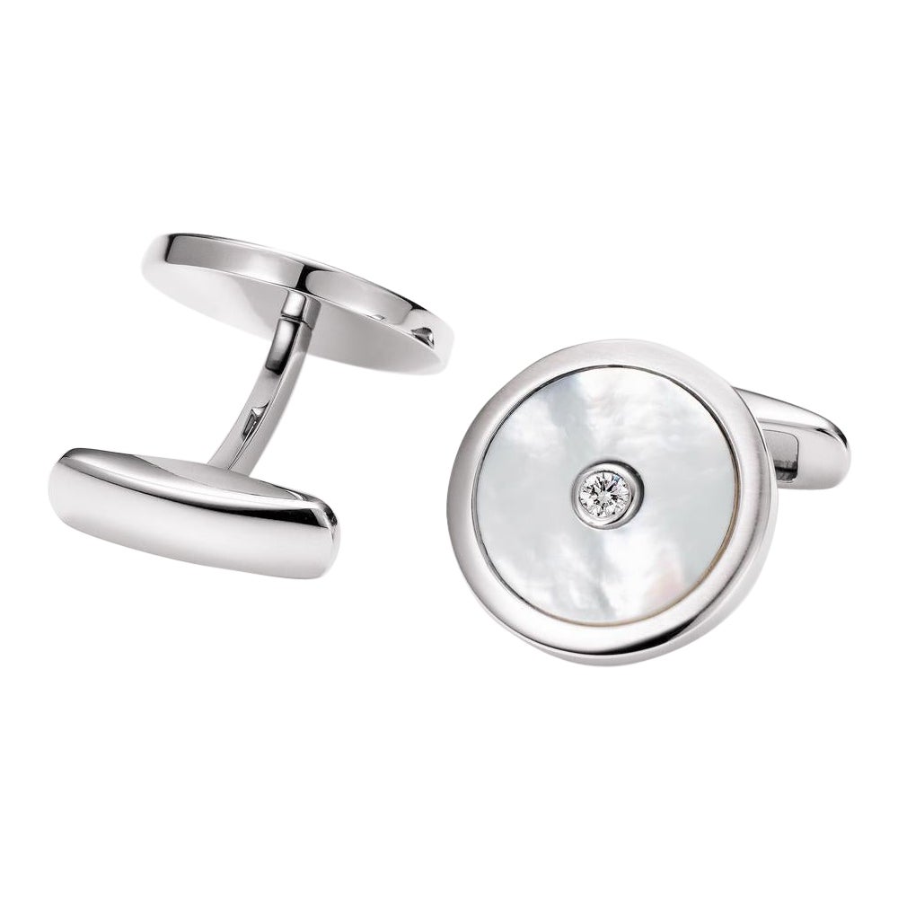 Round Cufflinks Stainless Steel White Mother of Pearl Inlay - 2 Diamonds 0.2ct