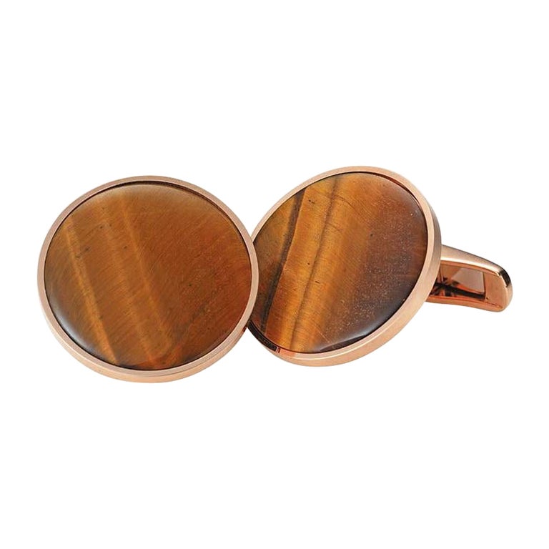 Round Cufflinks - 18k Rose Gold - 2 Tiger Eye Cabochon Inlays - Diameter 20.0 mm For Sale