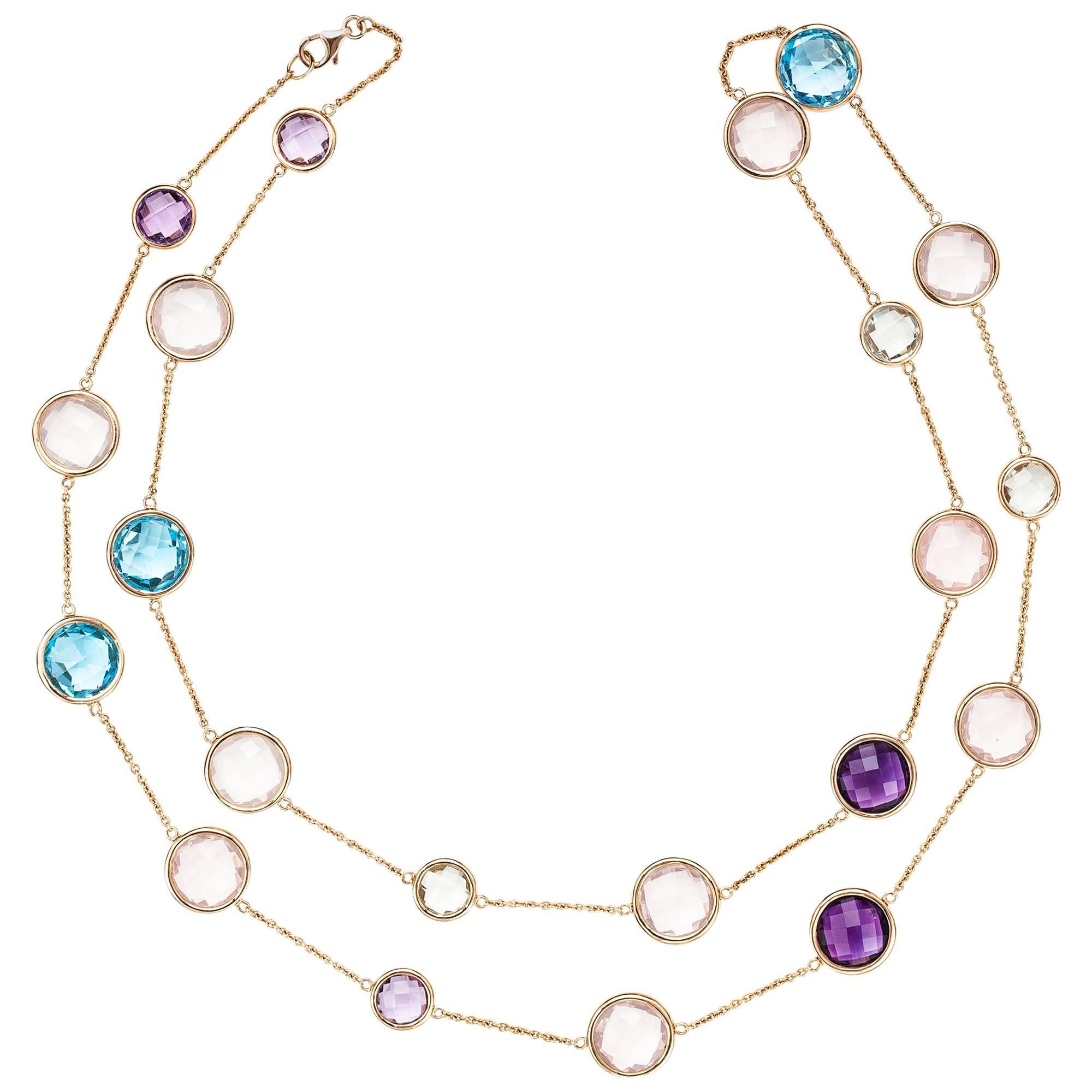 Colourful Amethyst Rose Quartz Blue Topaz gold 36 inch Rope Necklace  For Sale