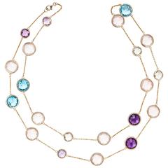 Colourful Amethyst Rose Quartz Blue Topaz gold 36 inch Rope Necklace 