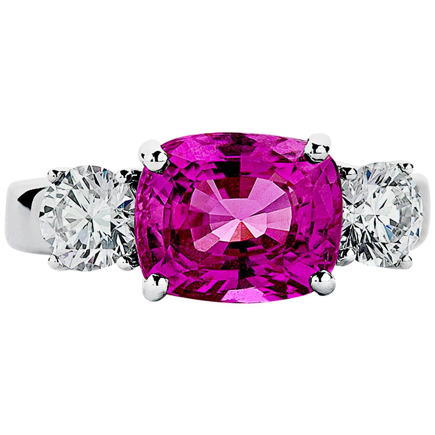 Pink sapphire Diamond Gold Three Stone Ring  For Sale