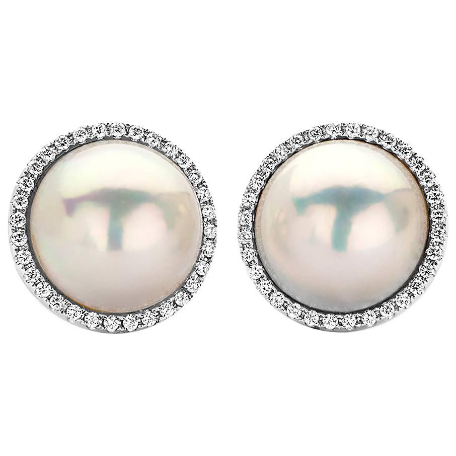 Large Mabe Pearl and Diamond Halo Earrings in White Gold For Sale