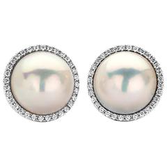 Large Mabe Pearl and Diamond Halo Earrings in White Gold