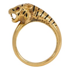 Antique Gold, Enamel, and Ruby Tiger Head Ring with English Hallmarks