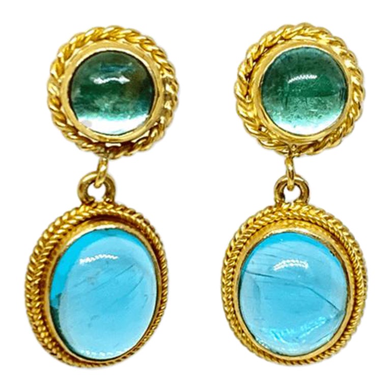 Natural Apatite Oval & Round Woven Bezel Set Drop Dangle Earrings 18KY For Sale