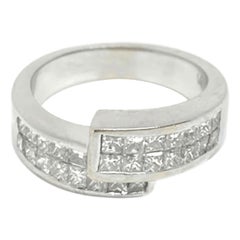 Estate Princess Cut Diamond Invisible Set Bypass Ring 18k White Gold 1.25ctw