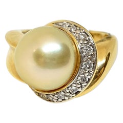 Lady's South Sea Golden Round Pearl 14k Yellow Gold Diamond Ring .30ctw