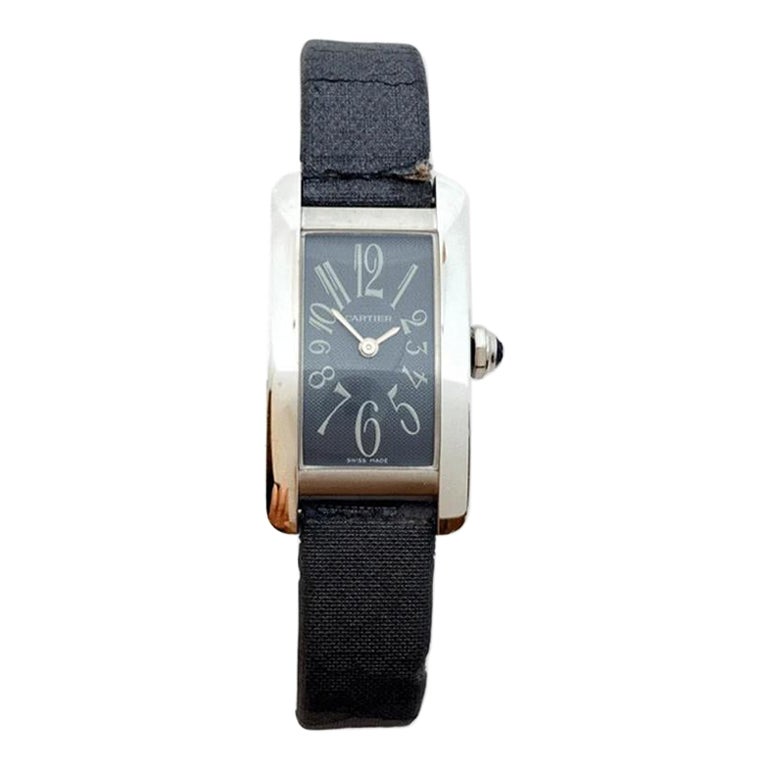 Cartier Petite montre Tank Américaine d'occasion avec cadran en or blanc 18 carats gris et lanière en satin