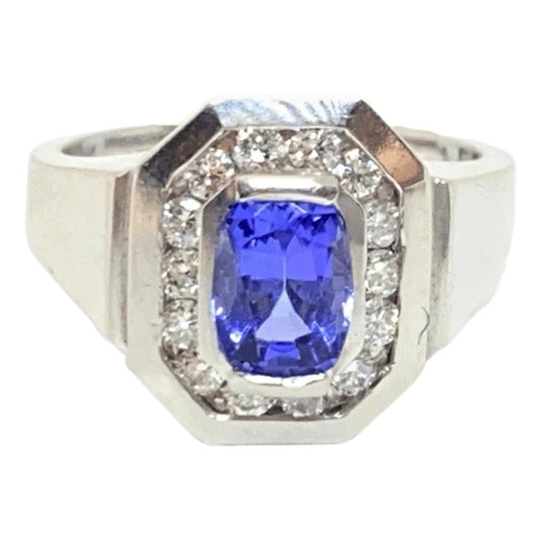 Natural Oval Tanzanite & Diamond Halo Octagon Ring Platinum 1.01 Carat