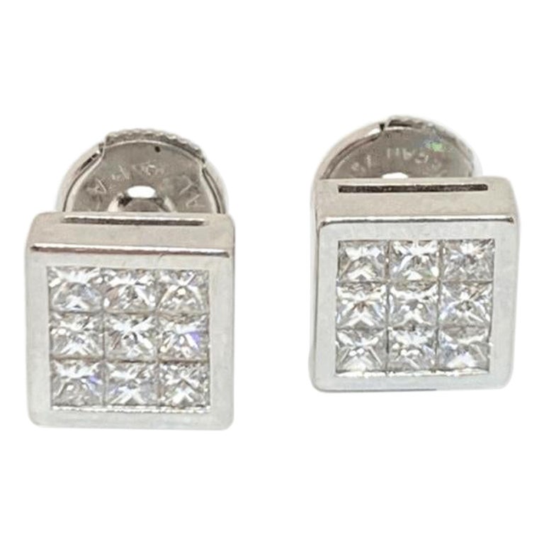 Invisible Set Princess Cut Diamond Square Post Earrings 18Kw .90Ctw For Sale