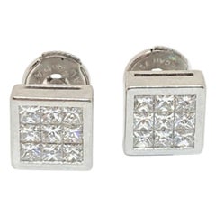 Used Invisible Set Princess Cut Diamond Square Post Earrings 18Kw .90Ctw