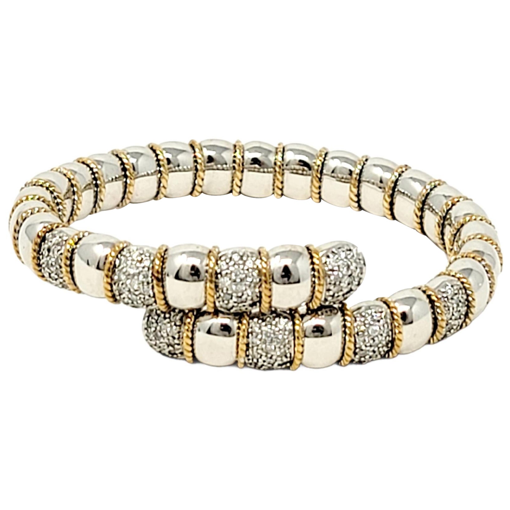 Flexibles Bypass-Armband 14 Karat Gold, zweifarbig, Pavé-Diamanten, von Sonia B.
