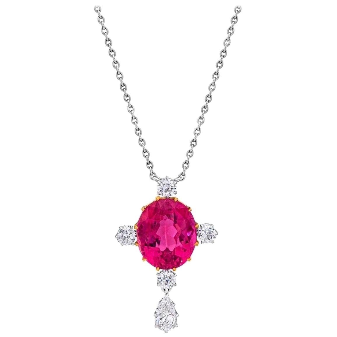 Mindi Mond, collier pendentif original édouardien en platine avec tourmaline rose et diamants