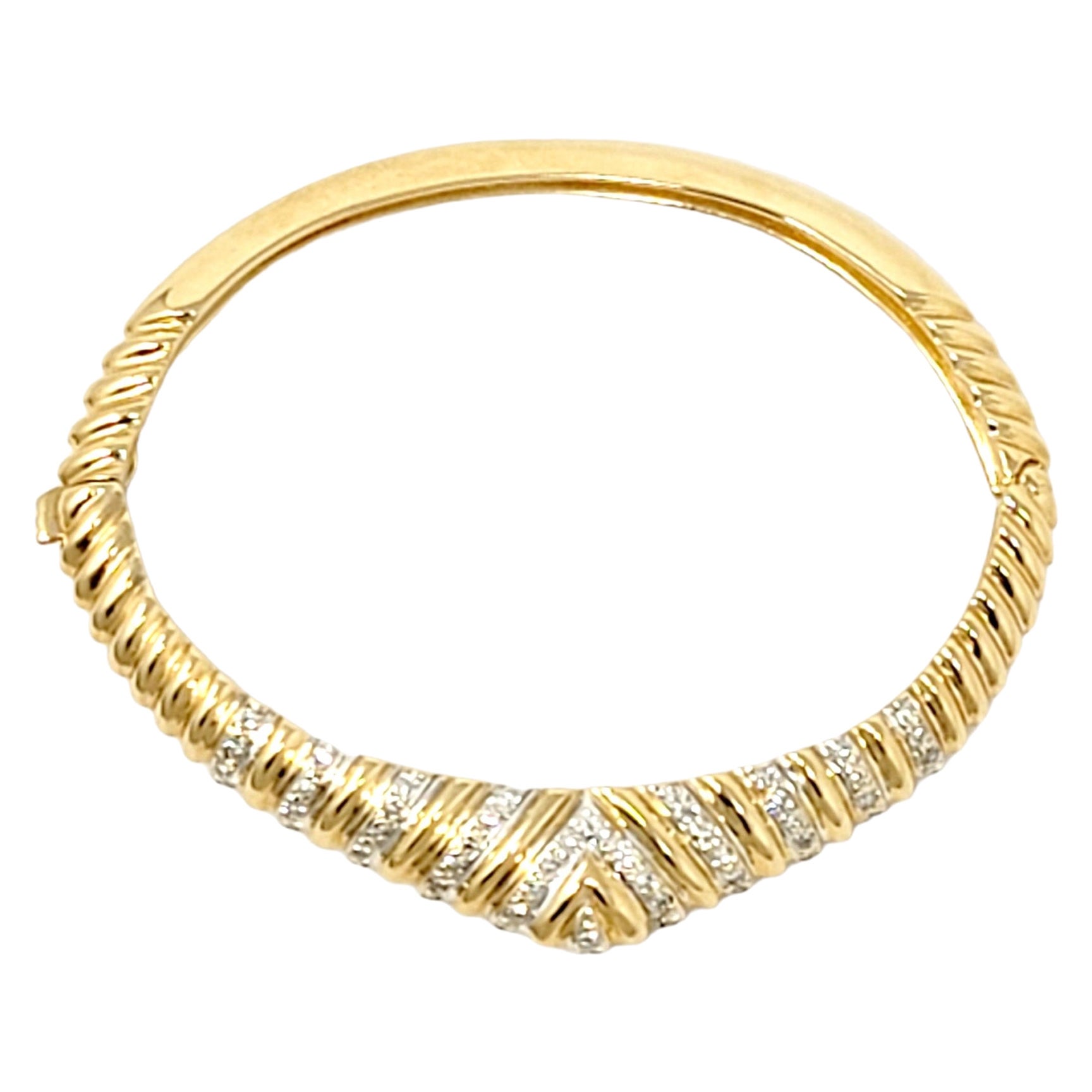 Single Cut Diamond Hinged Bangle Bracelet Chevron Dome 14 Karat Yellow Gold  For Sale
